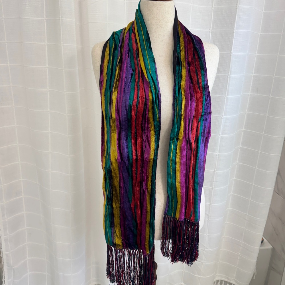 Vintage Jewel Tone Striped Rayon Velvet Fringe Scarf Multi Color Boho Made India